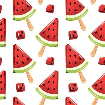 Watermelon ice cream seamless pattern. Flat popsicle on stick with fresh sl.. 库存插图