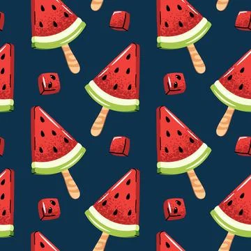 Watermelon ice cream seamless pattern. Flat popsicle on stick with fresh sl.. Stock Illustration