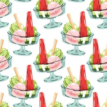 Watermelon Ice Cream Seamless Pattern in Glass Bowl with Fruit Pieces in Fl.. Stock Illustration