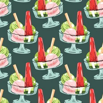 Watermelon Ice Cream Seamless Pattern in Glass Bowl with Fruit Pieces in Fl.. Illustrazione stock