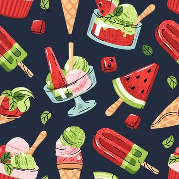 Watermelon Ice Cream Seamless Pattern in Flat Design. Background with sorbe.. 库存插图
