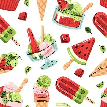 Watermelon Ice Cream Seamless Pattern in Flat Design. Background with sorbe.. Stock Illustration