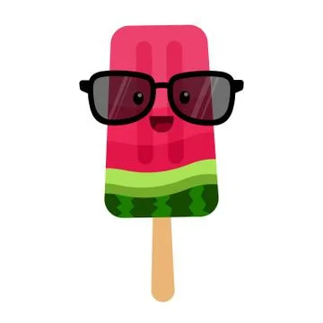 Watermelon ice cream vector icon in kawaii style with sunglasses. Popsicle. Stock Illustration