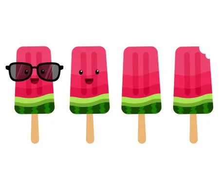 Watermelon ice cream vector icon set in kawaii style with phrase. Poppslices. Stock Illustration