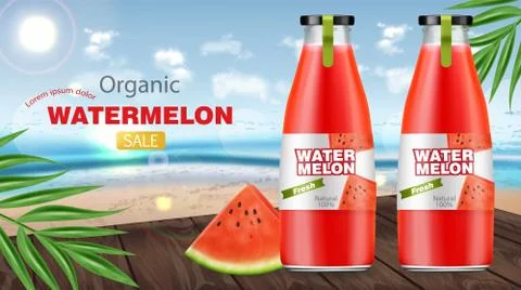 Watermelon juice bottles Vector realistic. Product placement label design. Fr Illustrazione stock