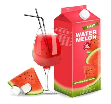 Watermelon juice box Vector realistic. Product placement label design. Fresh  Stock Illustration