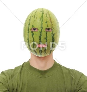 Watermelon on a man's head isolated on white background Stock Photos