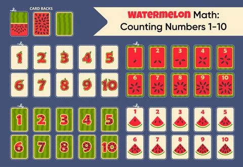 Watermelon Math Counting Numbers 1-10 Educational Flashcards Set Иллюстрация