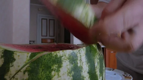 Watermelon melon knife chopper cut Stock Footage 93646794