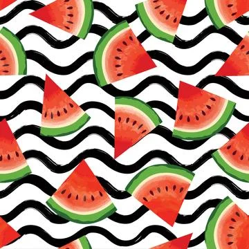 Watermelon pattern. Fruit juicy slice pieces seamless texture. Summer 库存插图