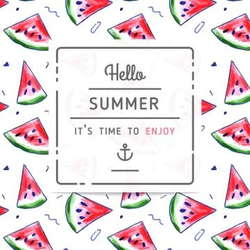 Watermelon pattern with 'hello summer' label Stock Illustration