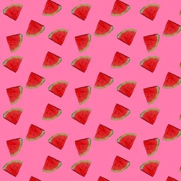 Watermelon pattern. Sliced watermelon on pink background. Flat lay, top view 스톡 사진