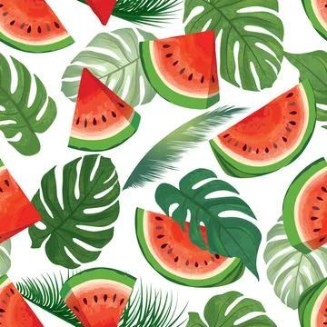 Watermelon pattern. Summer fruit juicy slice pieces seamless texture Stock Illustration