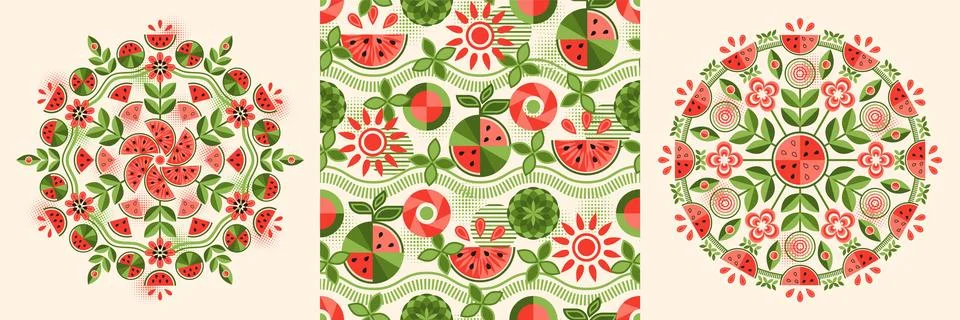 Watermelon patterns in simple geometric style Stock Illustration