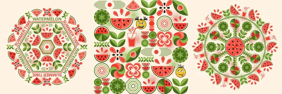 Watermelon patterns in simple geometric style Stock Illustration