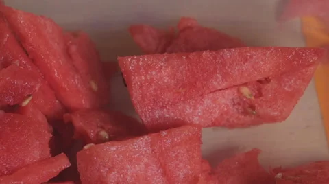 Watermelon Pieces Container Stack Closeup Timelapse Video stock 65711863