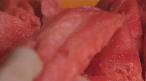 Watermelon Pieces Knife Push Slowmo Closeup Video stock 65712088
