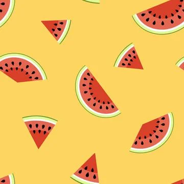Watermelon pieces seamless pattern. Cut watermelon, piece, bit on orange. Flat Stock Illustration