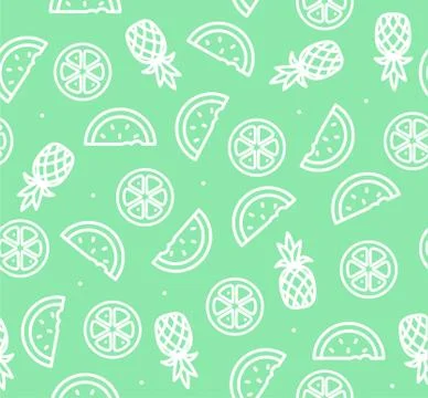 Watermelon, Pineapple and Orange Tropical Fruit Background Pattern. Vector Stock Illustration