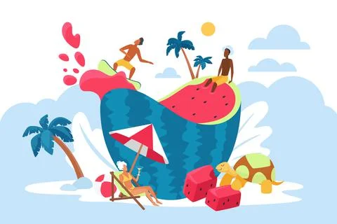 Watermelon pool party, tiny people surf in juicy watermelon juice, drink Stock Illustration