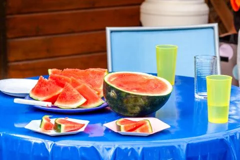 Watermelon prepared on blue table Stock Photos