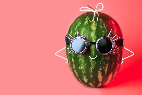 A watermelon punk in rocker glasses on pink background Stock Photos