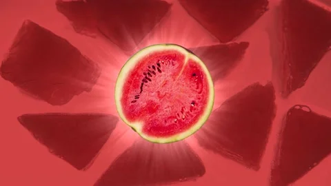 Watermelon on a red background. Rays of light. Rotating slice. Video stock 217995039