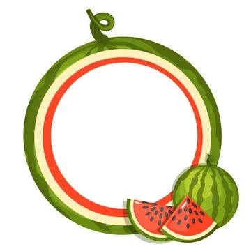 Watermelon Round Frame Border with Whole and Sliced Watermelon Cartoon Vector Illustrazione stock