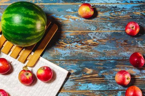 Watermelon on rustic background flat lay  view copyspace. Summertime concept. Stock Photos