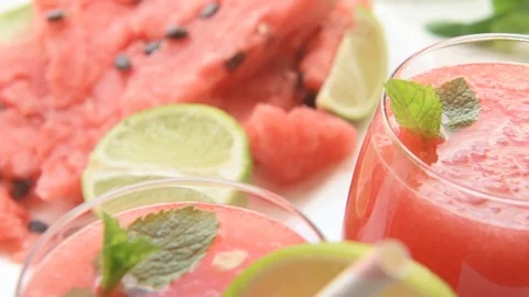 Watermelon sangria with white vine and lime Stock Footage 73084530