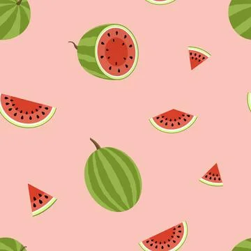Watermelon seamless pattern. Cut watermelon, piece, bit, round on pink. Flat Stock Illustration