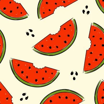 Watermelon seamless pattern with hand drawn juicy fruit slices, summertime Illustrazione stock