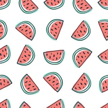 Watermelon seamless pattern in sketchy style on white background Doodle fruit Stock Illustration