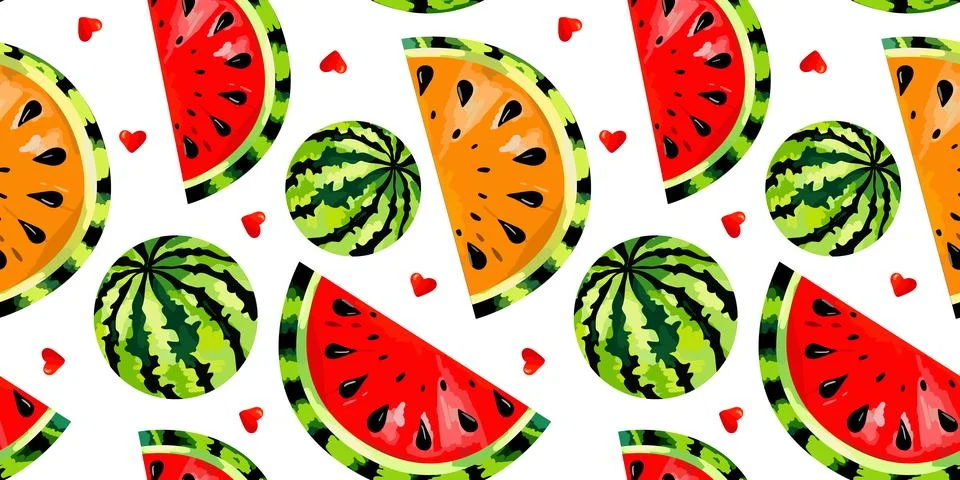 Watermelon seamless pattern summer design with red and yellow fruit slices .. Illustrazione stock