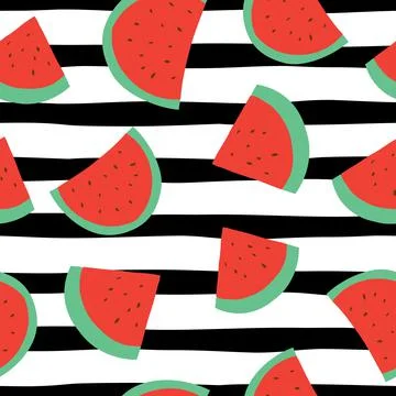 Watermelon seamless vector pattern on black stripes Stock Illustration