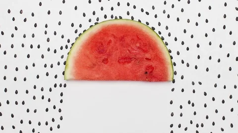 Watermelon seeds raining on red melon slice acting as an umbrella 動画素材 113354945