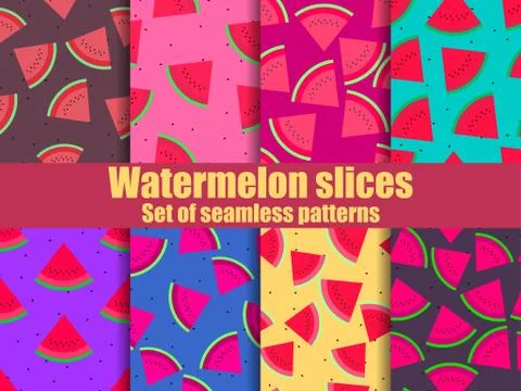 Watermelon set of seamless pattern. Triangular slices of watermelon. For broc Stock Illustration