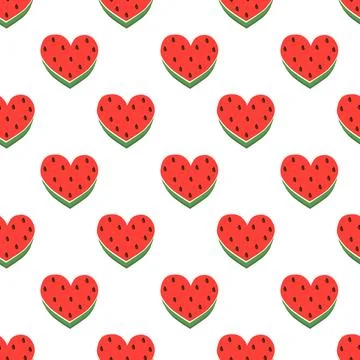 Watermelon in shape heart Vector Seamless Pattern. Food Background. Stock Illustration