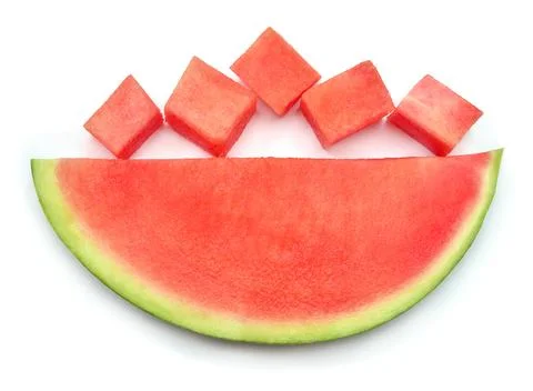 Watermelon slice and cubes isolated on a white background. Creative summer .. Stock Photos