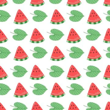 Watermelon slice and leaf seamless pattern cute cartoon tropical style fruit Stock Illustration