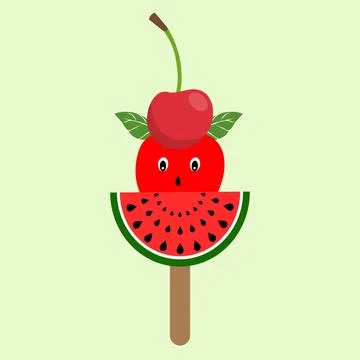 Watermelon slice, apple and cherry Stock Illustration