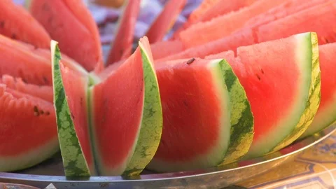 Watermelon slice arranged on tray in stall Stock Footage 85776278