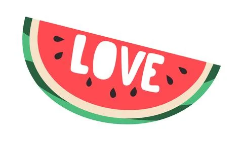 Watermelon slice with cut out text Love. Doodle. Cut Piece of fresh summer Fruit Stock Illustration