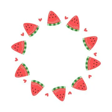 Watermelon slice frame cute cartoon style with hearts summer fruit circular Stock Illustration