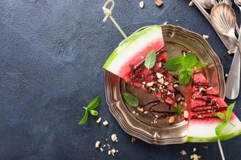 Watermelon slice popsicles with chocolate Stock Photos