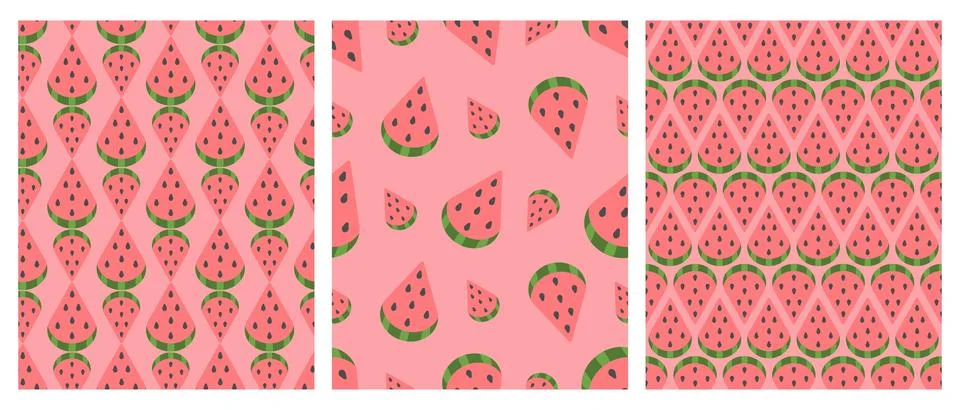 Watermelon slice. Set of seamless vector patterns. Pink background. Stock Illustration