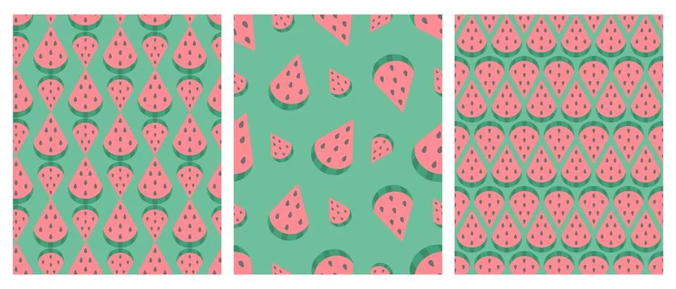 Watermelon slice. Set of seamless vector patterns. Green background. Stock Illustration