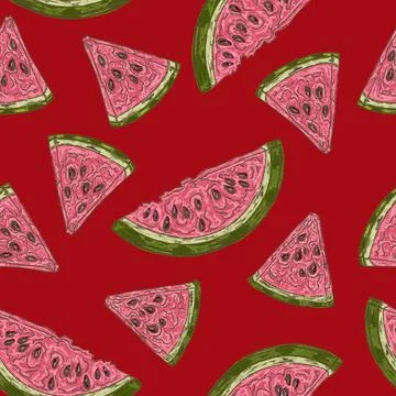 Watermelon slice summer seamless pattern with hand drawn fruit illustration Stock Illustration
