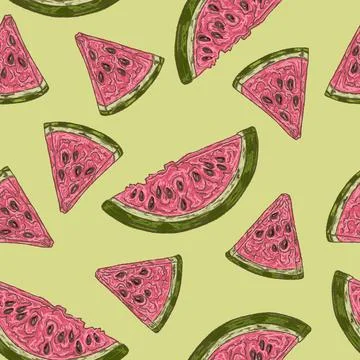 Watermelon slice summer seamless pattern with hand drawn fruit illustration 스톡 일러스트