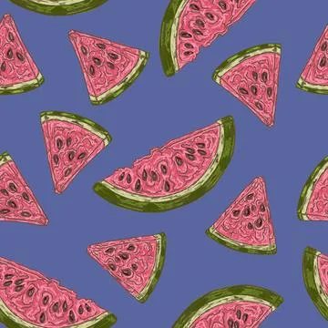 Watermelon slice summer seamless pattern with hand drawn fruit illustration イラスト素材